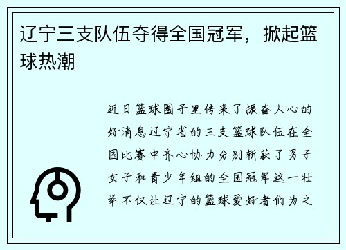 辽宁三支队伍夺得全国冠军，掀起篮球热潮